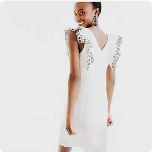 J Crew Collection Ivory Linen Blend Ruffle Shoulder Eyelet Shift Dress size 2